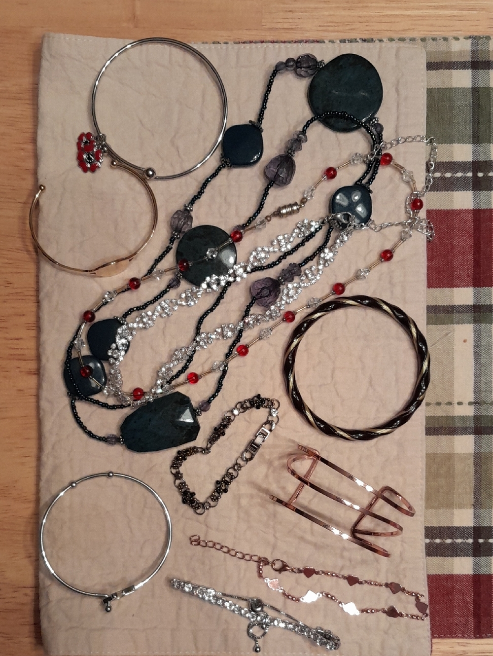 Multi-Strand Green & Red Fashion Necklace with Mixed Bangles - Unbranded